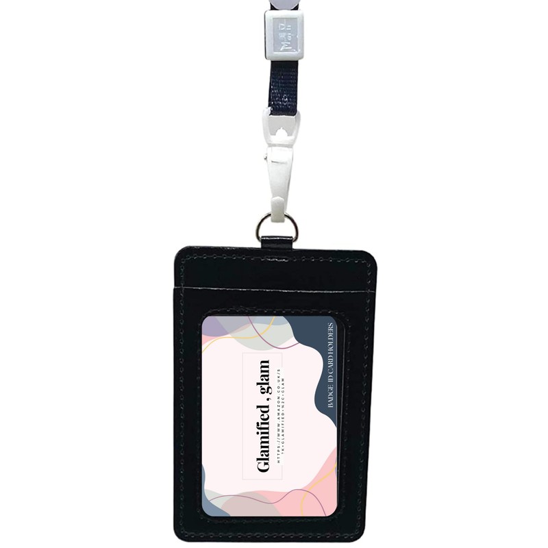 Glamified Leather Badge Holder and Adjustable Retractable Lanyard (Black), Quick