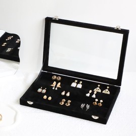 Wudygirl Earring Organizer Tray Jewelry Organizer 32 Pairs Earring Box Organizer Black Velvet Jewelry Display Case with Transparent Lid(Black Earring Storage)