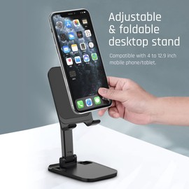 BASE12 Phone Stand for Desk, Foldable Adjustable Tablet Holder - Black