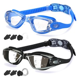 COOLOO Swim Goggles Men, 2 Pack Swimming Goggles for Women Kids Adult Anti-Fog,Black & Blue