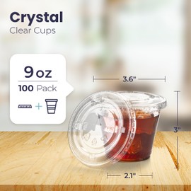 Fit Meal Prep 100 Pack 9 oz Clear Plastic Cups with Flat Lids, Disposable Iced Coffee Cups, BPA Free Premium Crystal Smoothie Cup for Party, Lemonade Stand, Cold Drinks, Juice, Milkshake