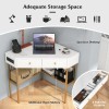 Costway Corner Desk w/ Built-in Charging Station Open Shelves &
