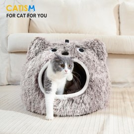 CATISM Cat Bed Cute Cat Bed Cave, Soft Plush Cat Cave, Cozy for Indoor Cats or Small Dog Bed, Washable Cet Bed with Cat Cushion, Coffee (20 * 20 * 16 Inches)