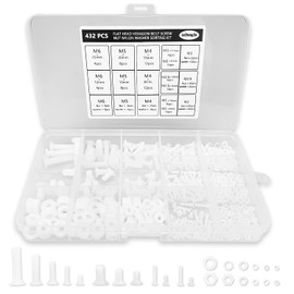Pack of 432 Flat Head Hex Bolts Nuts Nylon Washers Sorting Set with a Plastic Box M2 M2.5 M3 M4 M5 M6 (White)