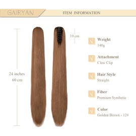 Gairyan Clip in Ponytail Hair Extensions 24 inch Ponytail Extension Long Straight Pony Tails Claw on Ponytail Synthetic Hairpieces for Women Soft Natural Look (Golden Brown)