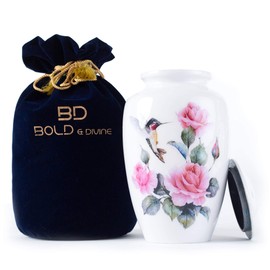 BOLD & DIVINE Hummingbird Printed Adult Cremation Urn | Large | 200 Cubic Inches | Multicolor | Human Ashes Adult Memorial urn, Burial, Funeral Cremation Urns with Beautiful Velvet Bag