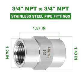 TAISHER 2PCS Forging of 304 Stainless Steel Pipe Fitting, Coupling, 3/4-Inch Female Pipe x 3/4-Inch Female Pipe