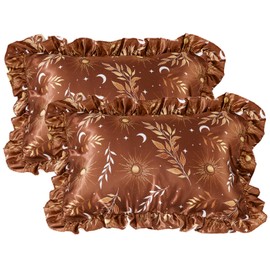 EXQ Home Ruffled Satin Pillowcase for Hair and Skin Queen Size- Gold Leaf Silk Pillowcase 2 Pack 20x30 inches - Satin Pillow Cases Set of 2 with Envelope Closure, Valentines Day Gifts for Women