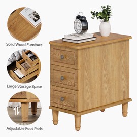 LITTLE TREE Fully Assembled End Table, Narrow Bedside Table with 3 Drawers, Vintage Nightstand for Small Spaces, Living Room, Bedroom, Natural Color