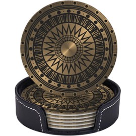 BOXIMIAO Drink Coasters with Holder Stand Set of 6, Gold Black Mandala Geometry Pu Leather Absorbent Coasters with Cork Base Table Round Coaster for Housewarming Apartment Kitchen Bar Decor