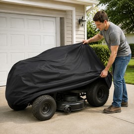 Black Lawnmower Cover for Outdoor Storage - Waterproof Anti-UV Rainproof Dustproof Snowproof Mower and Tractor Equipment Cover