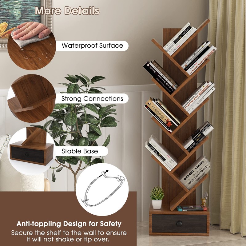 OFFICEJOY 10-Tier Tree Bookshelf, Floor Standing Bookshelf with Drawer, Small