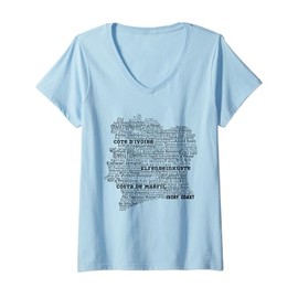Womens Ivory Coast Map, Côte D'Ivoire in World Languages V-Neck T-Shirt