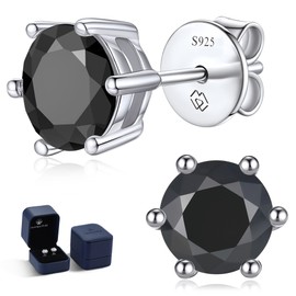 MomentWish Black Moissanite Stud Earrings, 1-2 Carat Earrings, Black, Men, Women, 925 Sterling Silver, Simulated Diamond Earrings, Solitaire Earrings, Gift for Him 5/5.5/6.5 mm, Sterling Silver,