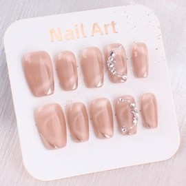 10pcs Handmade Nail Tips Beautiful Decoration Nail Tips Elegant Temperament for taking pictures, weddings, parties, etc Rhinestone (Medium Square XS)