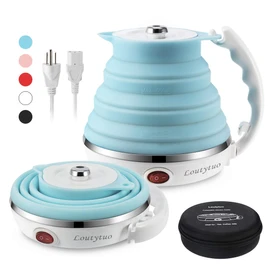 Ultrathin Upgraded Food Grade Silicone Travel Foldable Electric Kettle Boil Dry Protection Portable with Dual Voltage and Separable Power Cord,555ML 110-220V US Plug