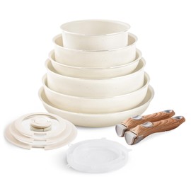 Nonstick Cookware Set - 13 PCS Stackable Pots and Pans Set Detachable Handle Camping Cookware, Granite Kitchen Cookware Sets Removable Handle, Non Toxic Nonstick Frying Pans for Cooking Set Gift Beige