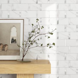 MOFIT Matte Kitchen Subway Tile Peel and Stick Backsplash Self-Adhesive Bathroom Wall Tiles Waterproof 3D Metal and Marble Mosaic Panels Heat Resistant Fireplace(White Silver 5Tiles)