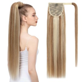 Benehair Real Hair Ponytail Extension, 100% Real Hair Braid Extensions, Wrap Around Ponytail for Women, Flax Yellow Mixed Light Gold Ponytail Real Hair Extensions, 55 cm, 95 g