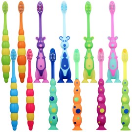 Lauwell 12-Piece Toddler Toothbrush Pack - Kids Toothbrushes with Covers, Suction Cup, Soft Bristles, Animal Design for Sensitive Teeth