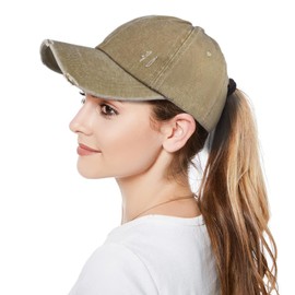 Epsoco Womens Criss Cross Ponytail Baseball Cap Washed Distressed Ponytail Hat Adjustable High Messy Bun Trucker Ponycap for Outdoor Sports Khaki