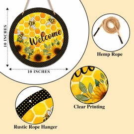 Welcome Sign for Front Door, Honey Bee Round Hanging Sign With Rope, Sunflower Wall Decor For Farmhouse Home Front Door Porch, Housewarming Gifts for Family Friend, A11