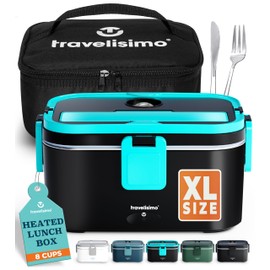 TRAVELISIMO Extra-Large Electric Lunch Box For Adults Holds up to 8 Cups - 80W Heated Lunch Box 1.8L Portable Microwave, Portable Food Warmer, Travel & Work - Loncheras Para Hombres De Trabajo