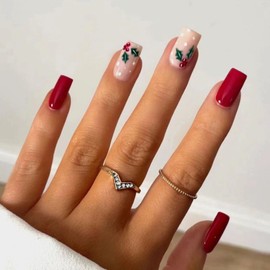 Christmas Press On Nails: Medium Square French Tip Red & White Snowflake Holly Designs Full Cover Winter Glossy Glue on Acrylic Nails (24 Pcs)