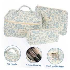 Ipetboom Cotton Quilted Makeup Bag Travel Toiletry Bag for Women Skincare Kit Zippered Pouch Floral Design Portable Carry