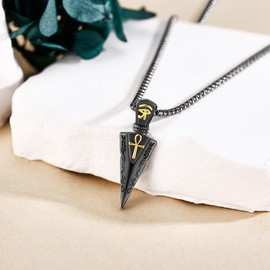 YAFEINI Arrowhead Necklace for Men 925 Sterling Silver Ankh Eye of Horus Necklace Black Arrowhead Pendant Egyptian Jewelry Gift for Men (black gold)