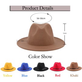 Wide Brim Fedora Hat Belt Buckle Felt Panama Cap Black Classic Cowboy Jazz Hat Autumn Winter Keep Warm Cap Unisex Retro Trilby Hat for Wedding Party Talent Show Performance Props and Daily Use(Khaki)