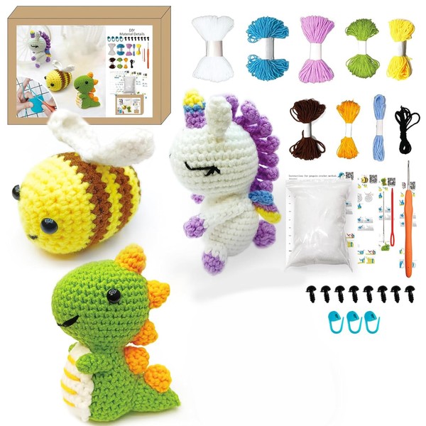 Yeria Crochet Set for Beginners, Funny Crochet Set Animals, 3 Animals for Knitting for Beginners Set, Crochet Set with Crochet Hooks and Step-by-Step Video Instructions (Bee, Unicorn, Dinosaur)