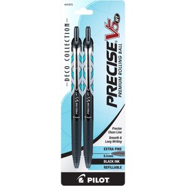 Pilot, Precise V5 RT Deco Collection Refillable & Retractable Liquid Ink Rolling Ball Pens, Extra Fine Point 0.5 mm, Black, Pack of 2