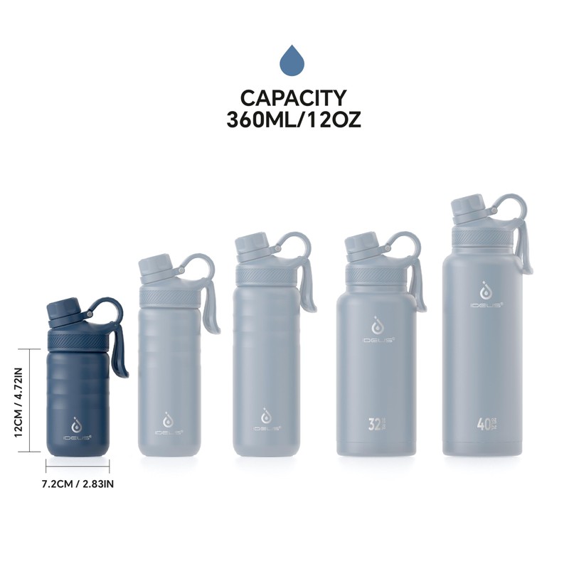IDEUS Insulated Stainless Steel Water Bottle with 2 Leak-Proof Lids,