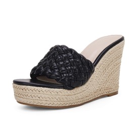 Ermonn Sandalias de cuña de plataforma para mujer, alpargatas trenzadas con puntera abierta, zapatos de tacón alto, Negro -, 10