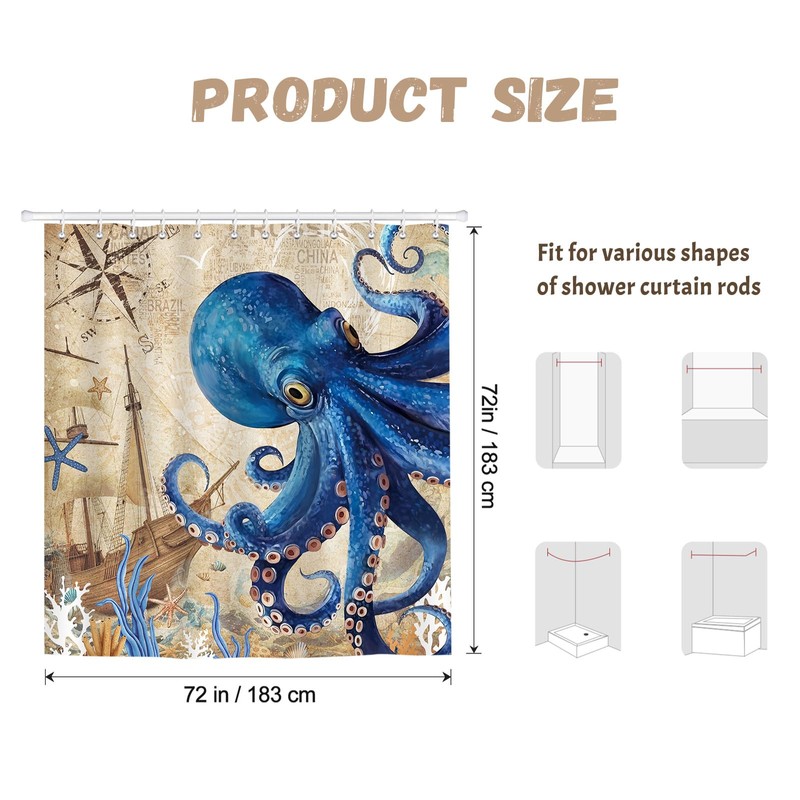 Dazzlewall Octopus Shower Curtain Retro Nautical Blue Bathroom Curtain Sea