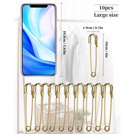 QUJUFIND 10 Pack 4 inch Stainless Steel Large Safety Pins, for Clothes Leather Canvas Blankets Crafts Skirts Kilts, Extra Large Heavy Duty Safety Pins - Gold