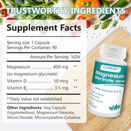 CANLIST Suplementos de glicinato de magnesio de 450 mg para la salud ósea y muscular, apoya el sueño profundo, relajación muscular y alivio del estrés