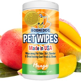 Bodhi Dog Pet Wipes | Wipes for Dog Grooming | Wipe Away Pet Odors & Deodorizes Coat | No Parabens or SLS | Large Wet & Thick Pet Wipes | Best for Cleaning Dogs and Cats (Mango, 75CT)