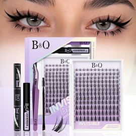 B&Q Fairy Pestañas Postizas Kit Completo Naturales Banda Invisible Racimos 144 pcs Extensiones de Pestañas Efecto Natural Adecuado para Principiantes b&q Lashes con Lash Bond and Seal（Kit-Fairy）