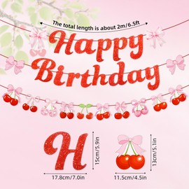 Dmnnlp Cherry Birthday Banner, Glitter Happy Birthday Garland, Sweet Cherry Party Decorations for Baby Showers, Kids' Party, Bridal Favors Supplies (Red and Pink)