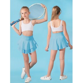 Soudittur Girls Tennis Skirt with Shorts Kids Golf Clothes High Waisted Toddler Athletic Skort with Pockets (L, Blue)