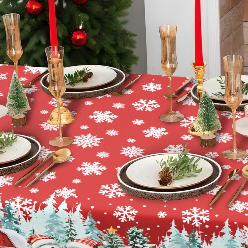 Rectangle Christmas Tablecloth 60x120 Inch, Farmhouse Red Snowman Snowflake Christmas