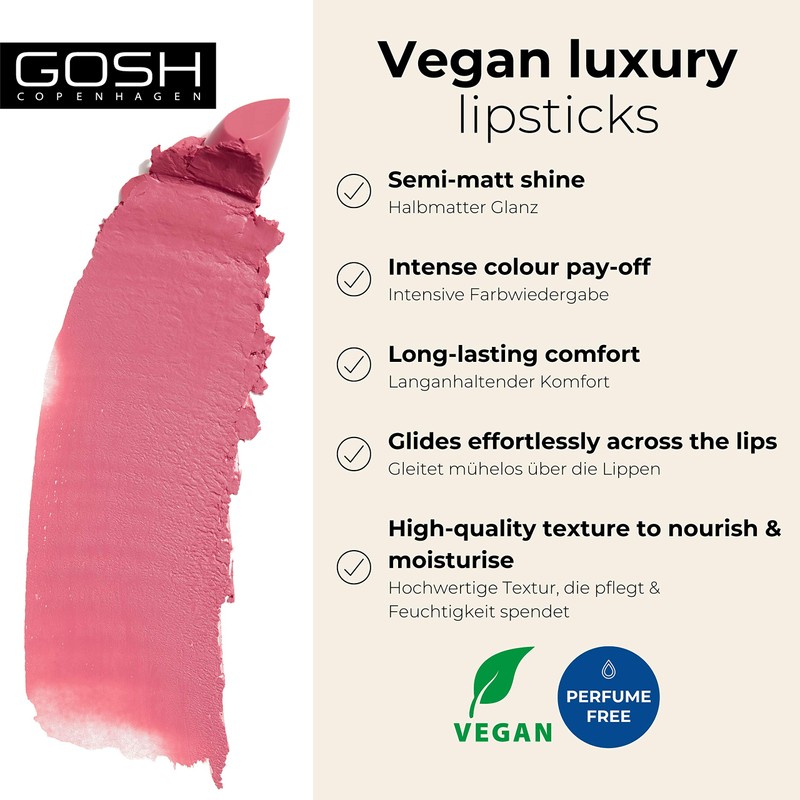 Gosh Luxury Rose Lipstick with Light Shimmer, Intense Pink Tones