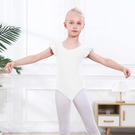 YgneeDom Girls Leotard Ruffle Short Sleeve Crisscross Back for Dance Gymnastics Ballet 3-12 Years(White,3-4)