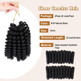 PHOCAS 20'' 3Packs Short Curly Crochet Braids Wand Curl Crochet Hair for Black Women - 12MM #1B Natural Black