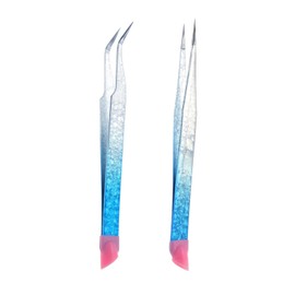 2 Pcs Ice Blue Elegant Nail Art Tweezers, Stainless Steel Tweezers with Silicone Pressing Head, for Eyelash Extensions and Nail Art Sticker Craft Rhinestone Stickers Jewel Gem Picker