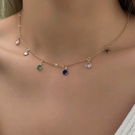 Inateannal Boho Colourful Rhinestone Necklace Chain Crystal Rainbow Choker Necklace Gold Crystal Pendant Necklace Colourful Gemstone Chain Necklace Jewellery for Women and Girls, Zinc, No Gemstone