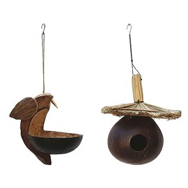Original Bali Coconut Bird House and Feeder Decoration for Garden, Patio or Balcony