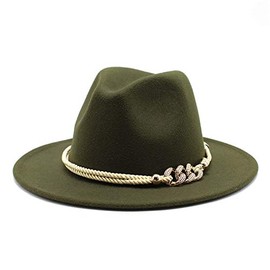 Gossifan Lady Fashion Wide Brim Felt Fedora Panama Hat with Ring Belt Military Green